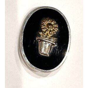 TAXCO TA-75 STERLING SILVER 925 BLACK ONYX 3-D FLOWER POT 2" OVAL BROOCH PIN EUC